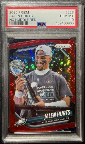 PSA 10 JALEN HURTS 🔥 2025 PRIZM NO HUDDLE RED /99 EAGLES 228 🏆 SUPER BOWL