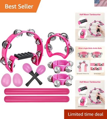 10 Pcs Pink Tambourines for Adults - Half Moon Tambourine, Wood Rhythm Sticks...