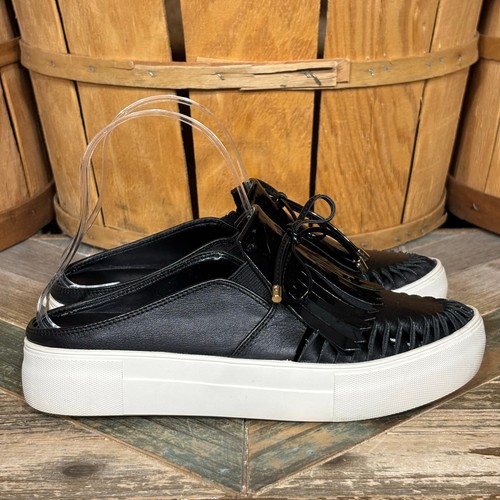 J/Slides Amora Black Leather Patent Kiltie Slip-On Platform Sneaker Mule Women 6