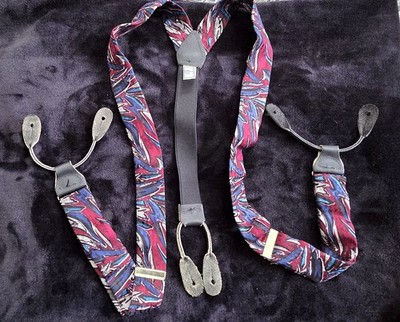 Bill Blass Vintage Multicolor Suspenders Patterned Fabric Leather Ends Germany