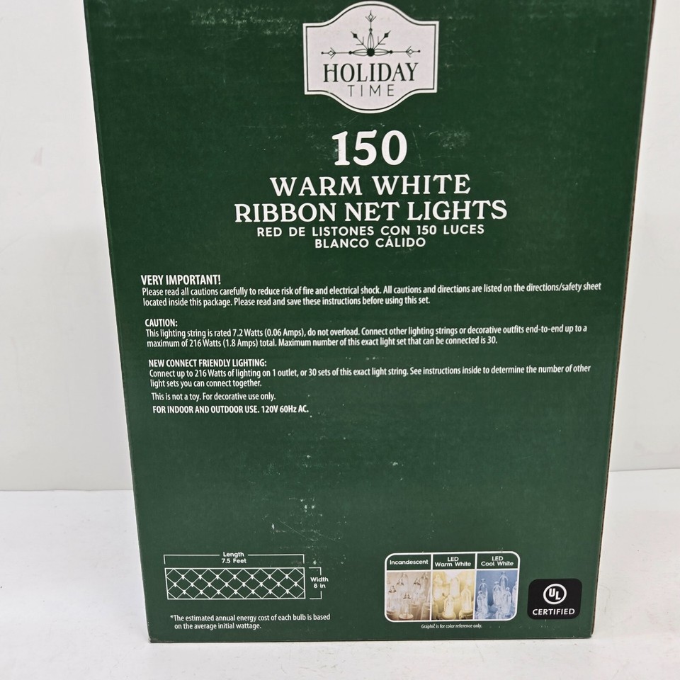 Holiday Time - 150 Warm White LED Ribbon Net Lights Green Wire ...