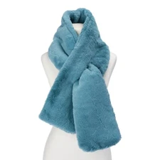 Colleen Lopez Faux Fur Pull Thru Scarf One Size Polyester Neck Wrap Blue Winter