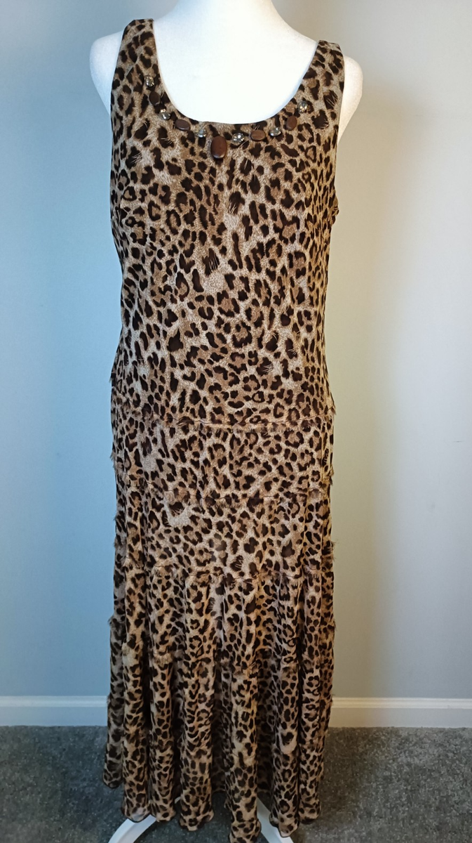 Jessica Howard Size 16 Tiered Maxi Dress Leopard Print Jeweled Neckline  Lined
