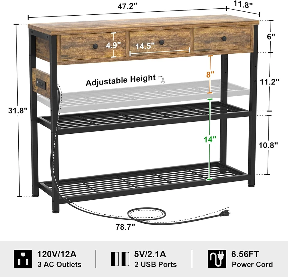 Mesa de entrada de 47"" con tomas de corriente y puertos USB, mesa consola con 3 cajones, así Foto 3 de 4