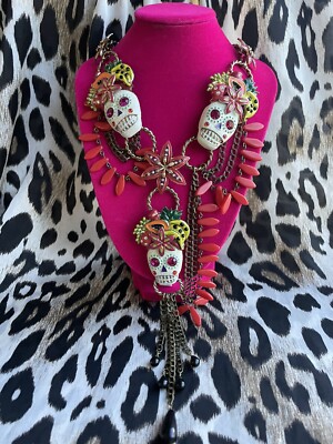 Betsey Johnson Vintage Rio Sugar Skull Fruit Hat Dia De Los Muertos Necklace