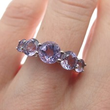 925 Sterling Silver Real Round-Cut Graduated Amethyst Ring Size 6