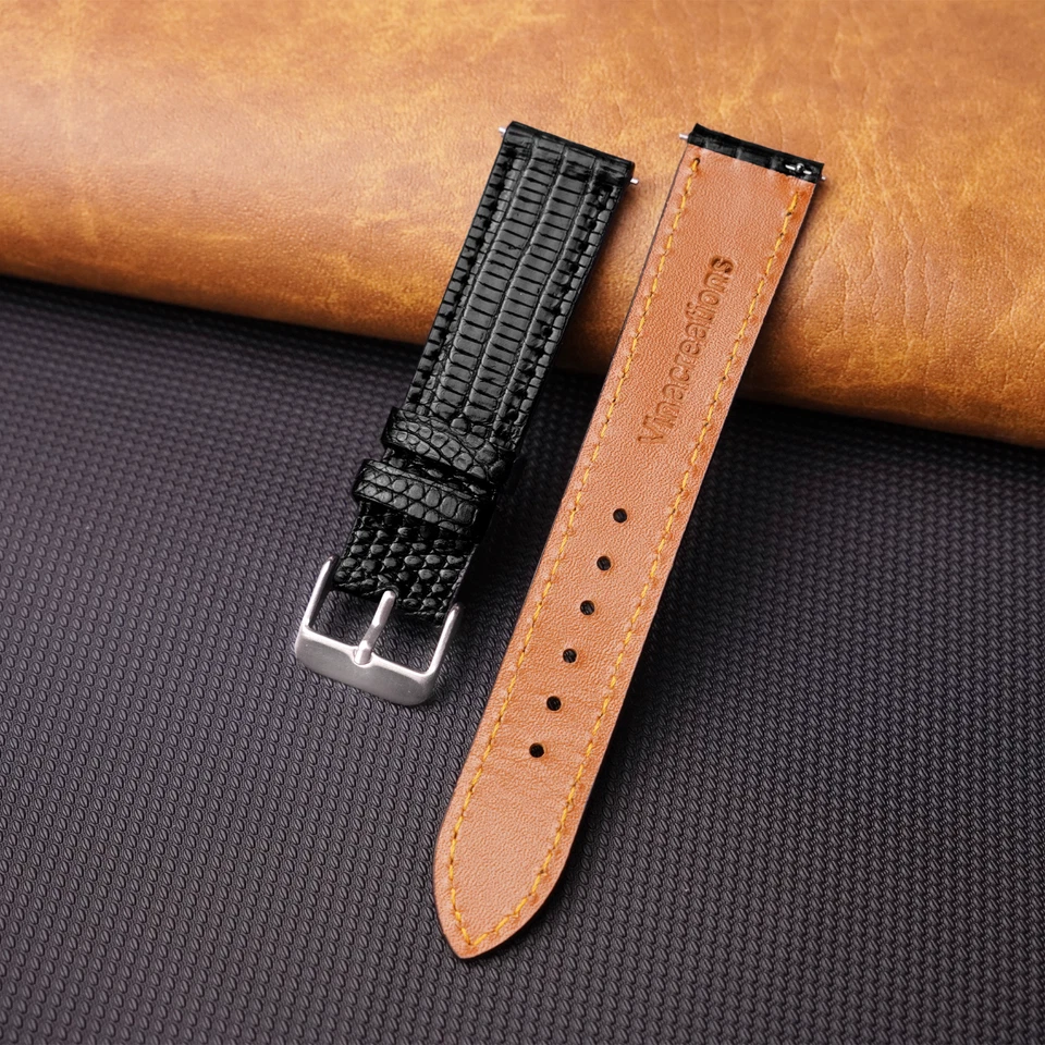 Pulseira de relógio masculina de couro de lagarto plano real pulseira de relógio de lagarto genuína liberação rápida - Imagem 2 de 4