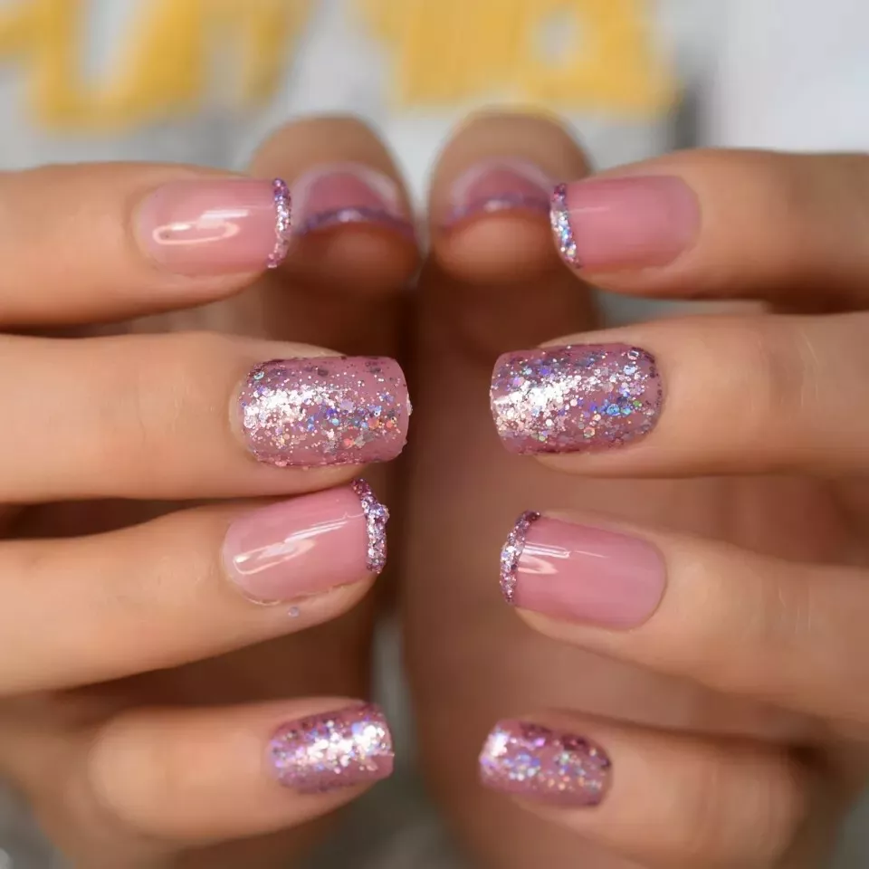 Clear Purple Pink Glitter design Press on Nails w/ glue short rose gold  sparkle