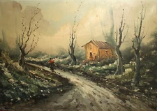 Vintage impressionist oil painting landscape house