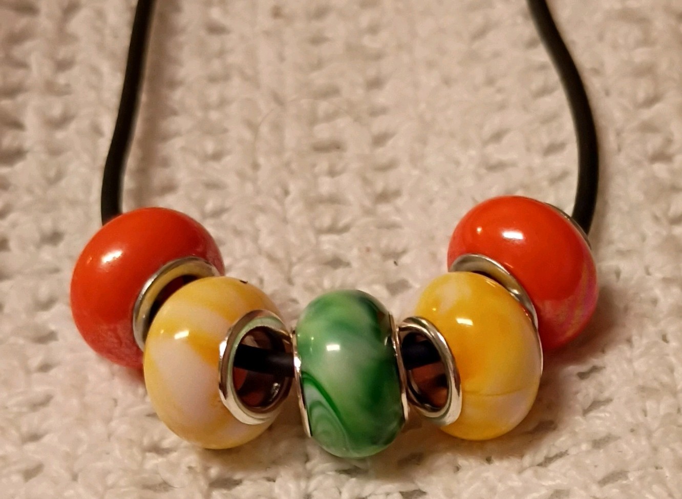 Beaded Charm Pendant Necklace Multicolor Glass Rondelle Beads Black Cord Lobster
