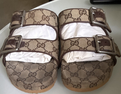Gucci GG Logo Monogram Buckle Slide Sandals 