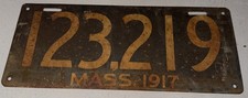 1917 Massachusetts License Plate 123,219 Tag