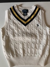 Polo Ralph Lauren Boys Cream Navy Yellow Cable-Knit Cricket Sweater Vest 6