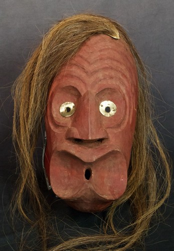 VTG Iroquois False Face Mask Red Ochre Wood Horse Hair 13 In