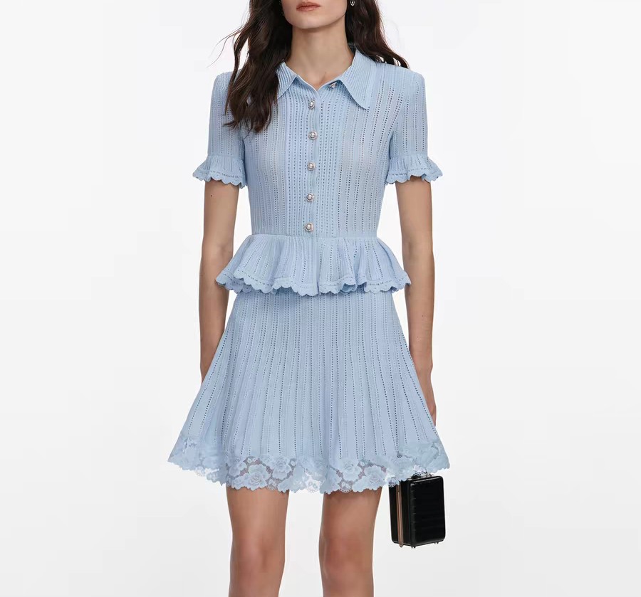 Women Self-Portrait Collared Lace Knit Pleated Short Sleeve Mini Dress