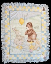 Vtg Carter  s Crib Quilt Baby Blanket Bear Bunny Puppy Blue Yellow Ruffled 38x48"