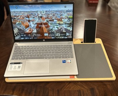 Bamboo Laptop Table for 17''/15'' Laptops, Cushion Base, Phone Slot, Handle