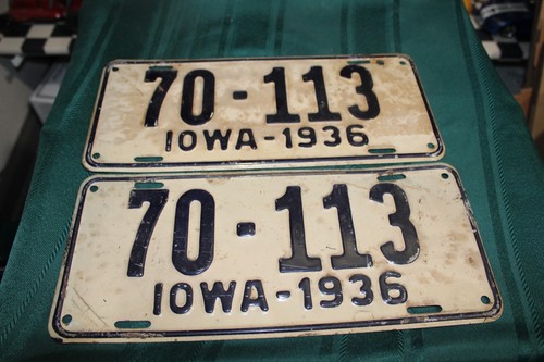 PAIR IOWA LICENSE PLATES 1936  MUSCATINE COUNTY 70-113 LOW NUMBER