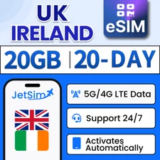 UK & Ireland eSIM - 20GB High-Speed(1GB/Day), 20 Day JetSim/Travel