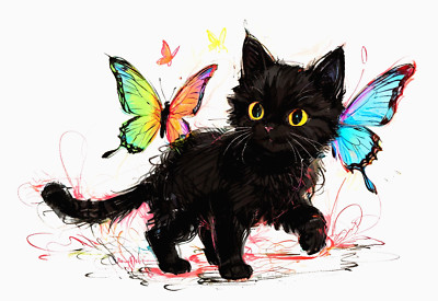 ACEO Mini *Art Print* Black Baby Cat Kitten & Blue Pink Butterflies -Saulite