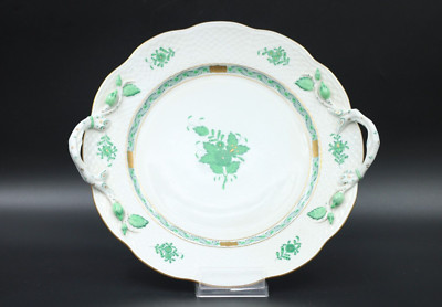 Herend Apponyi Grün Tortenplatte mit Griffen Porzellan Goldrand Handgemalt 28 cm