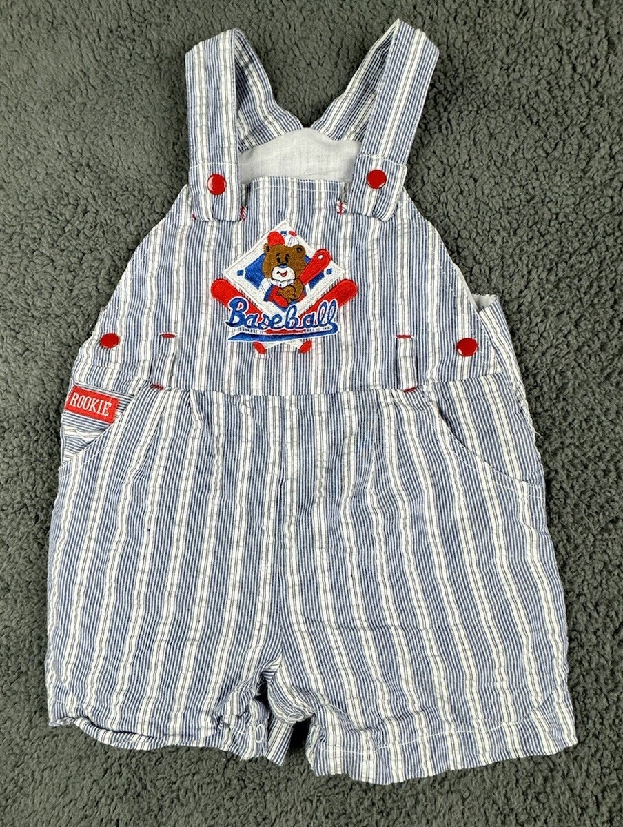 Vintage Baby Baseball Overalls 18m Stripe Blue White Red Bear