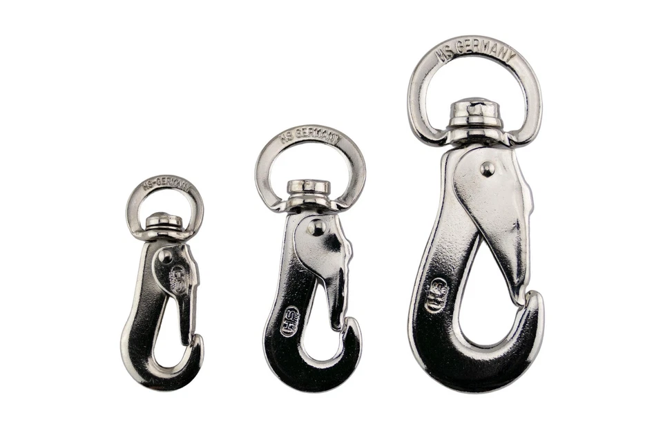 Surfhaken Stahl vernickelt HS Sprenger Drehwirbel Outdoor Karabiner Hundeleine