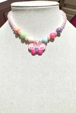 Butterfly Flower Beaded Necklace,Bracelet, Ring For Girls, Friendship, Pink.