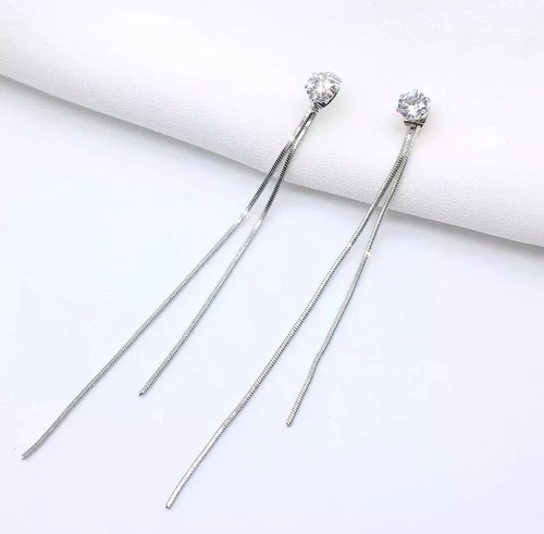 Gold Plated Long Crystal Tassel Dangle Earrings Women Wedding Drop Chain Jewelry