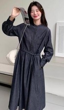 Women's Fashion Retro long sleeves temperament Stand collar cowboy Midi dress