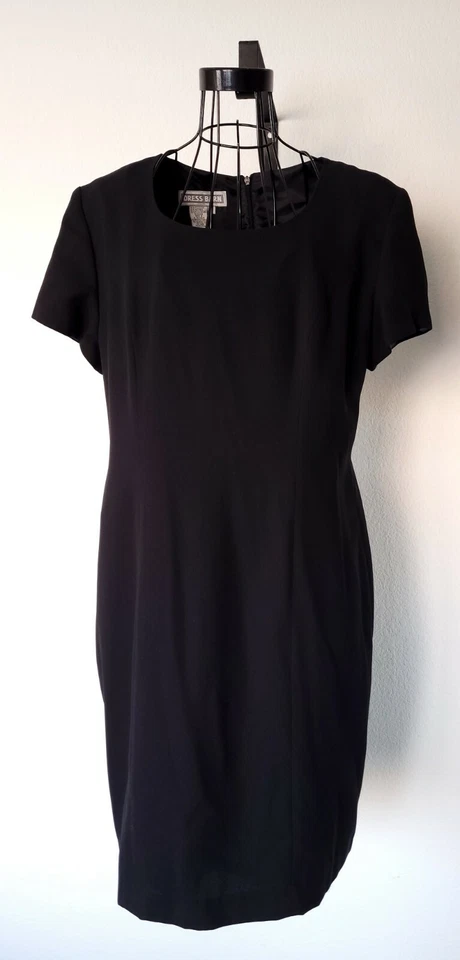 Dress Barn Black Shift Dress Short Sleeve Padded Shoulder Scoop Neck Zip Size 12 - Image 2 of 4