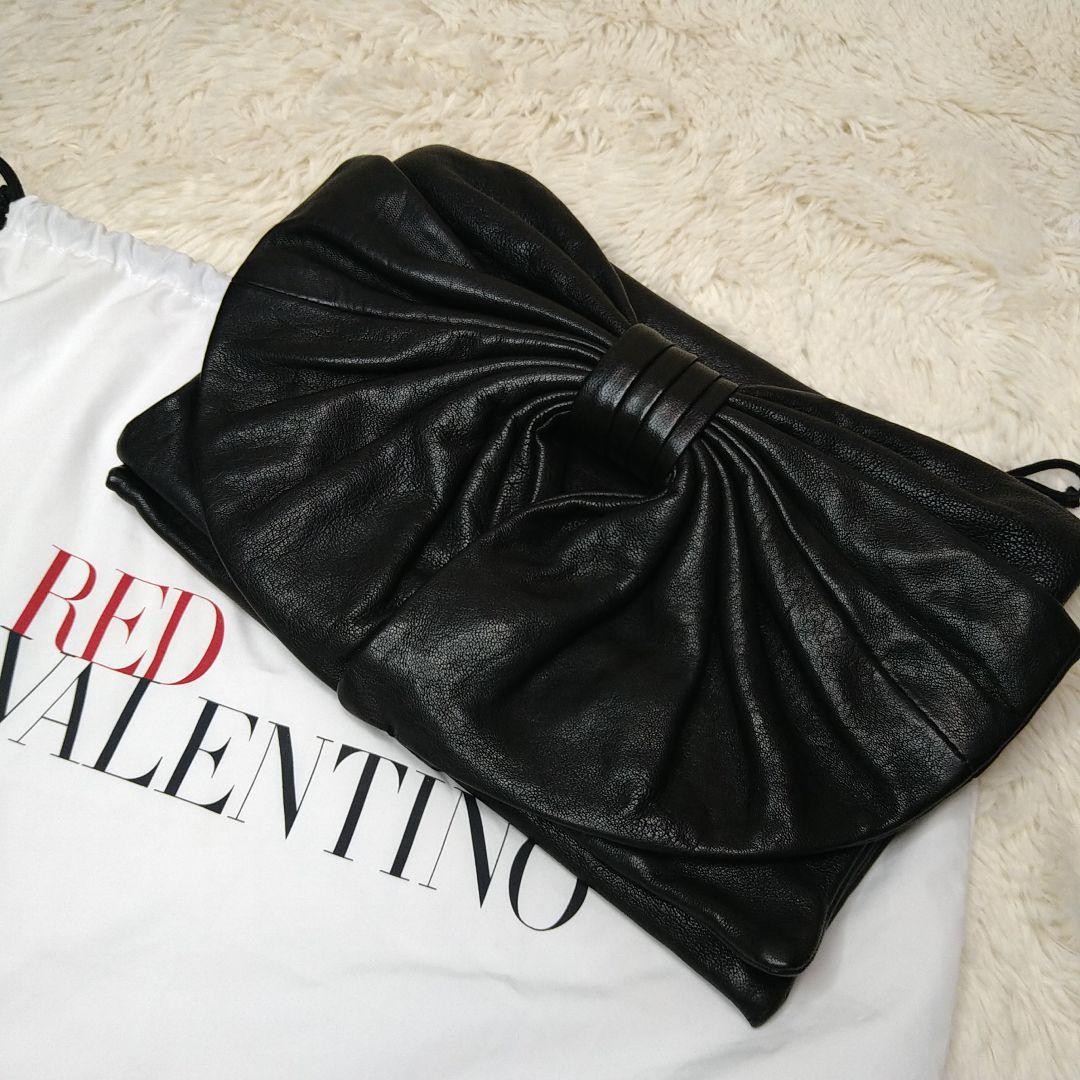 Red Valentino Shoulder Bag Purse Clutch Chain Ribbon Leather Black Authentic thumbnail 21