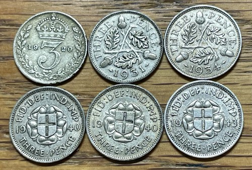1920-1943 LOT of 6 GREAT BRITAIN 500 FINE SILVER 3 PENCE COINS