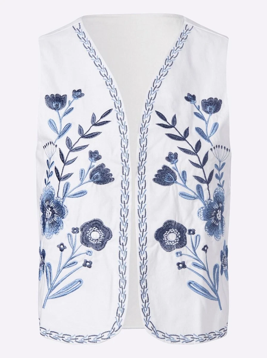 Damen Jeansweste V-Ausschnitt Ärmellos Verschlusslos weiß bleu Gr. 46 NEU