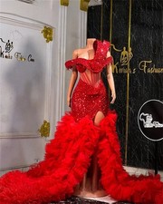 Red Mermaid Diamonds Prom Dresses High Slit Sparkly Beads Sequin Ruffles Gowns