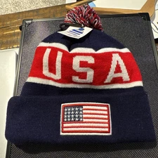 Best Winter Hats American Flag Beanie Embroidered USA Font W/Pom Pom