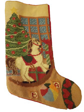 Christmas Needlepoint Stocking, 19 in, Christmas Tree, Rocking Horse, Blocks