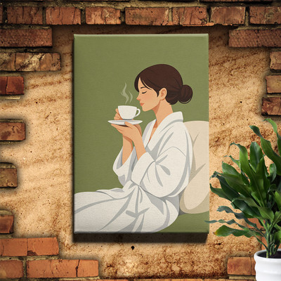 Woman drinking tea Poster Print, minimalist lifestyle flat illustration