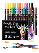 48 Colors Acrylic Paint Markers with 24 Dual-Color Brush Tips, Double Tips Ac...