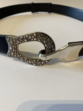 CHICO  S Black Leather Belt Hook Style Silver Buckle Sz S/M Waist 27  -37  Women  s