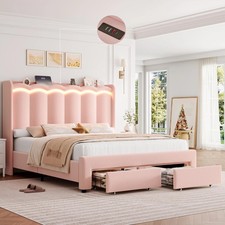 Queen Upholstered LED Bed Frame with Charging Station and 2 Storage Drawers