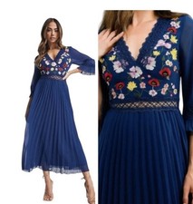 ASOS Embroidered Floral Pleated Midi Occasion Party Dress Size 16 XL 3/4 Sleeve