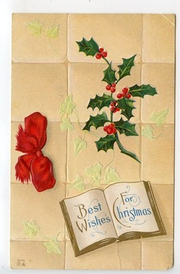 Vintage 1914 Postcard: E Nash Christmas Holly Red Bow Embossed Gold Open Book