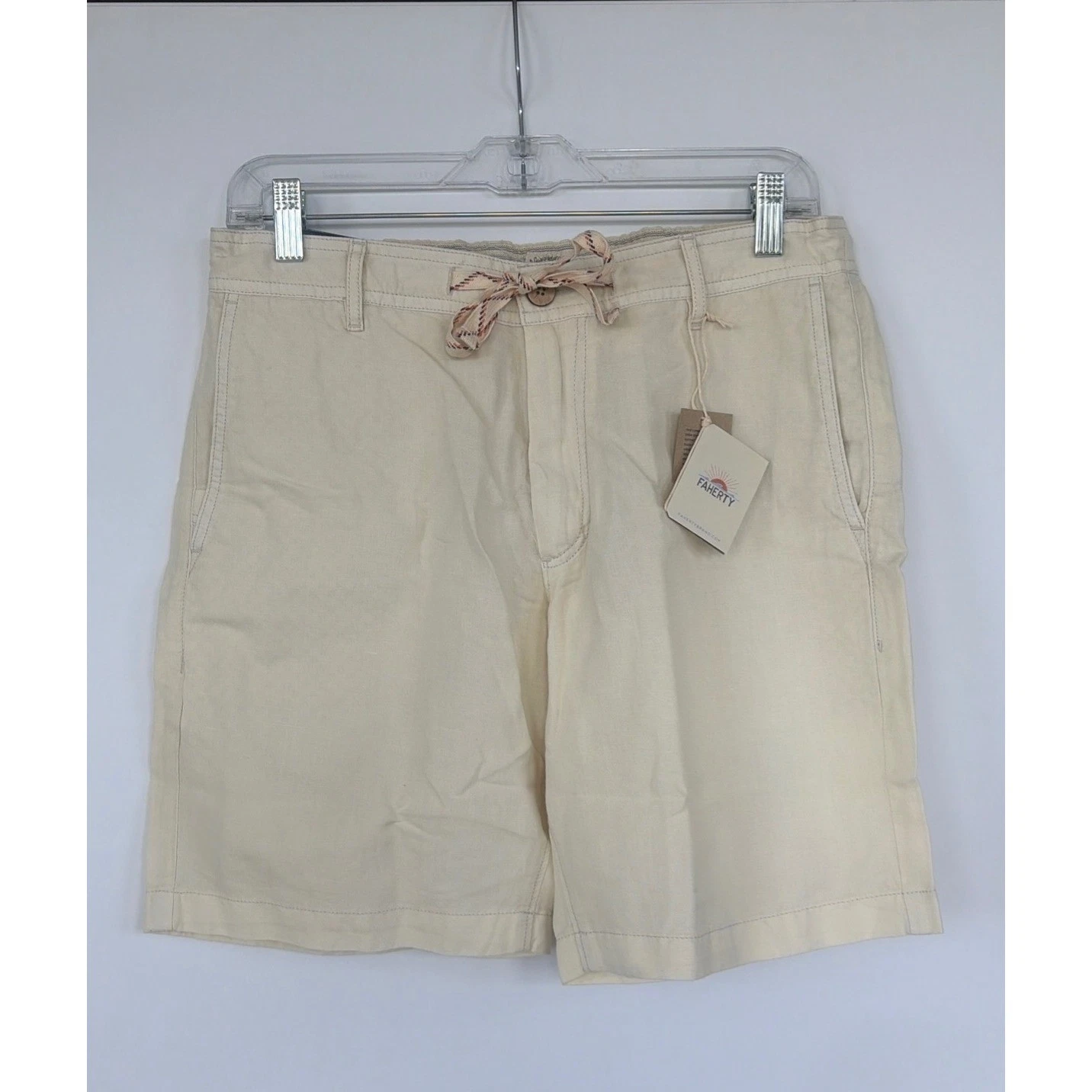 Faherty Mens Resort Style Preppy All Day Linen Beach Short Cream Sand New