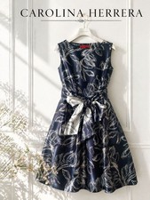 CAROLINA HERRERA Dress 2 M Elegant Sleeveless Navy Botanical Pattern