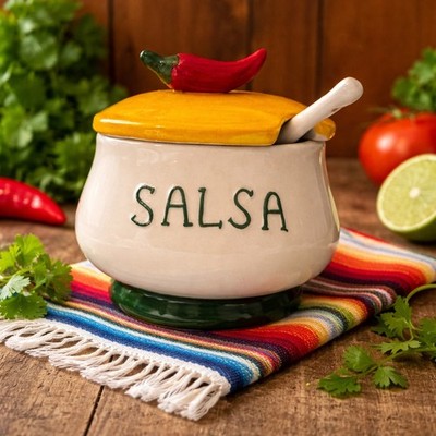 Ceramic Salsa Dish Bowl w/Lid Red Pepper Top
