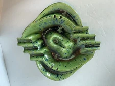 Vintage Large MCM Ceramic Lava Glaze Ashtray & Pipe Holder Green & Blue 14" Long