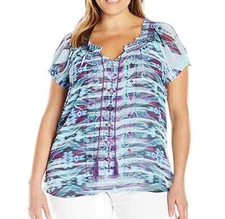 UNITY by ONE WORLD BLUE EMBROIDERED SHORT SLEEVE CHIFFON LINED PEASANT TOP Sz 2X