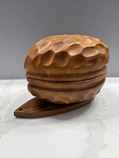 Vintage Wooden Nut Cracker Bowl with Hinged Lid Handcrafted Walnut Shaped Large