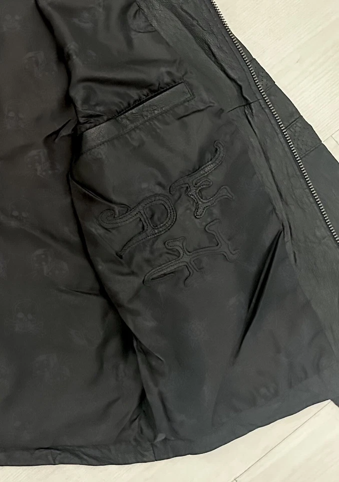 Auténtica RARA Chaqueta de Motociclista de Cuero Bordada Ed Hardy Para Hombres L Foto 4 de 4